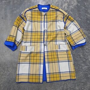 Rodebjer Joska XS Yellow Plaid Wool Blend Coat Collarless Open Front Jacket